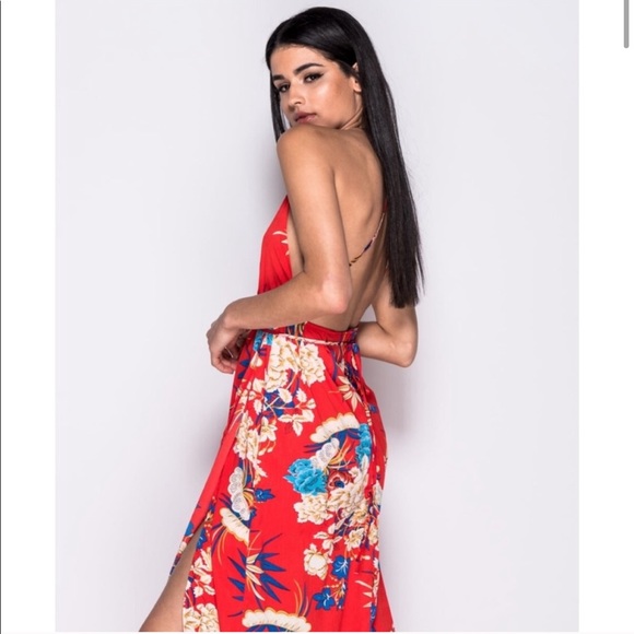 Dresses & Skirts - Red Floral Strappy Open Back Thigh Slit Maxi Dress